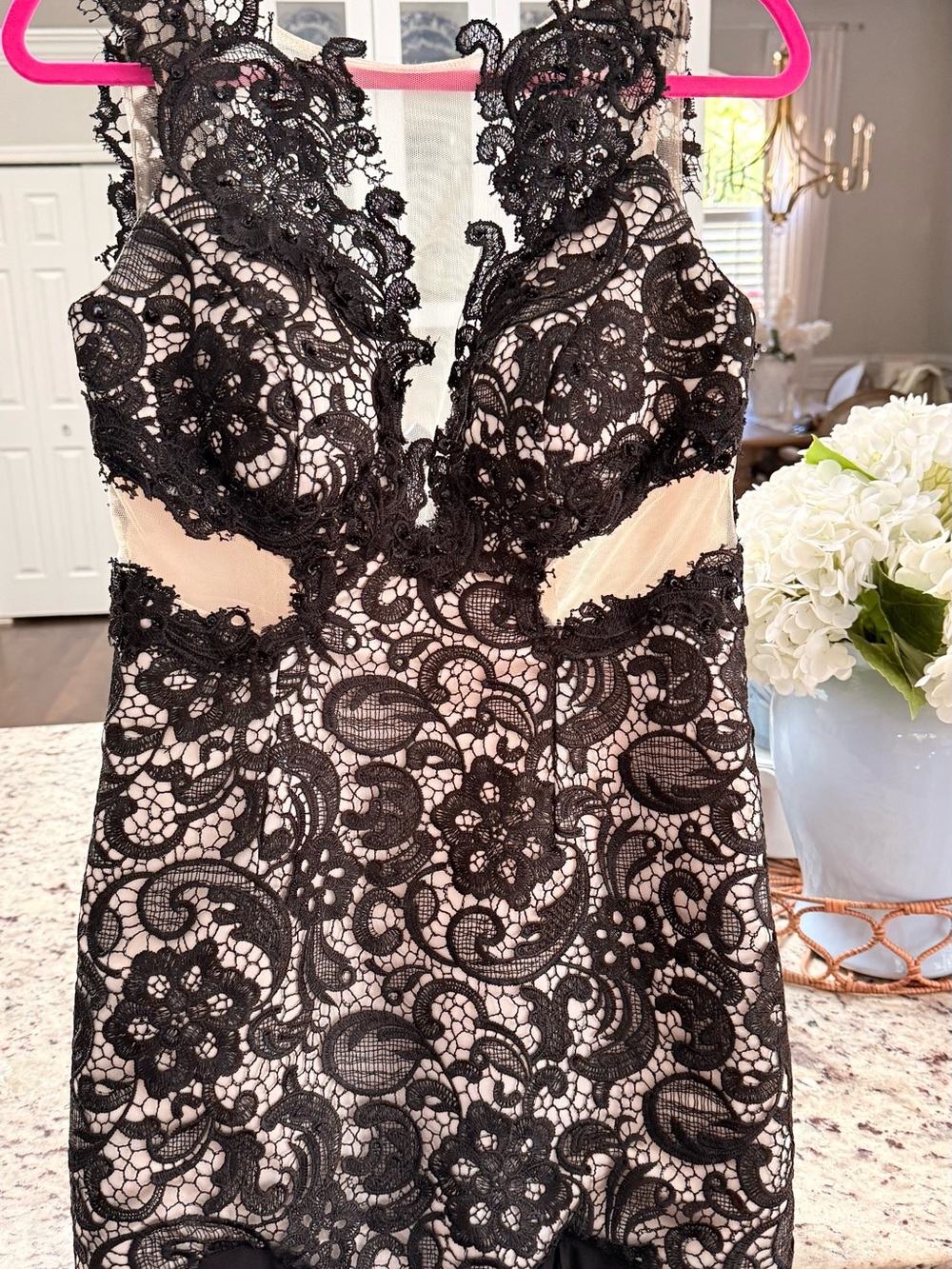 Black Lace Overlay Nude Sheath Dress